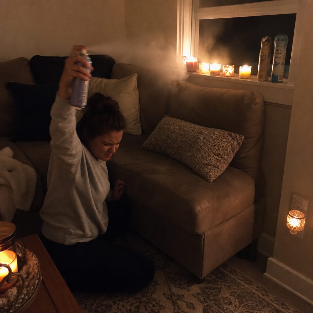 A shelf of candles and air fresheners above the couch corner